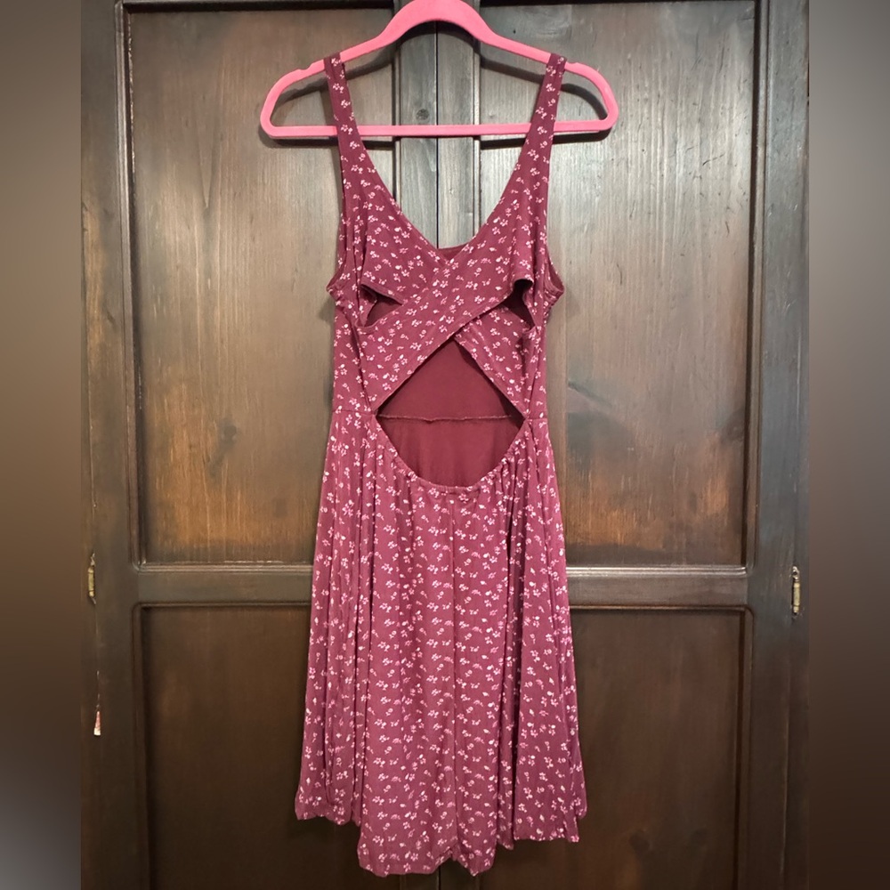 Abercrombie & Fitch Floral Burgundy Skater Dress Cross Back Large Cottagecore - Picture 2 of 8